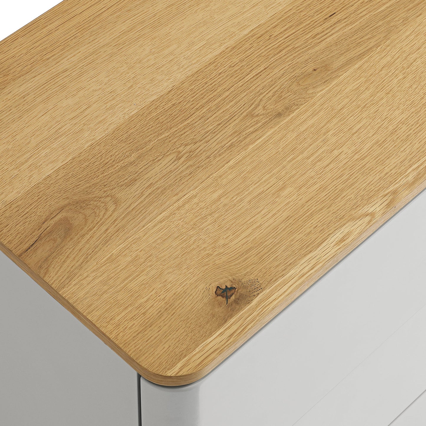 Commode Agnes à 6 tiroirs à bords incurvés, gris tourterelle avec plateau en chêne