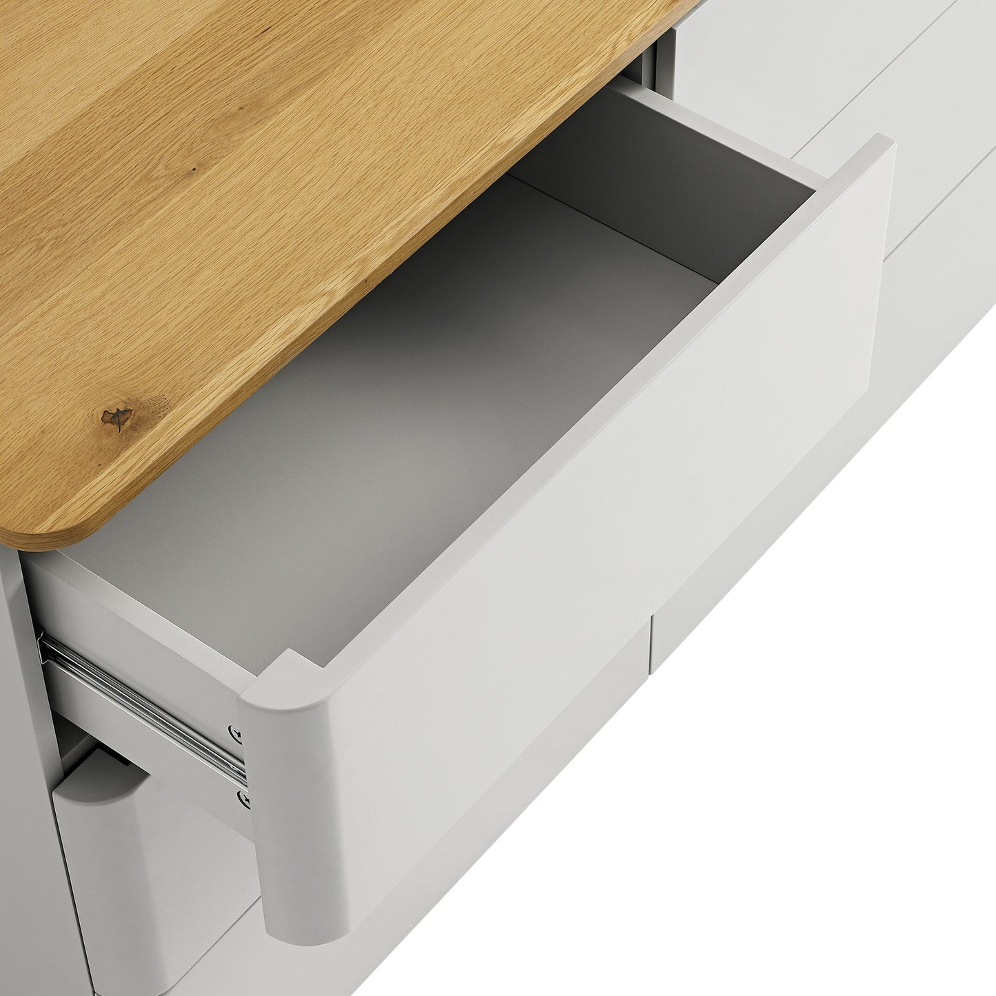 Commode Agnes à 6 tiroirs à bords incurvés, gris tourterelle avec plateau en chêne