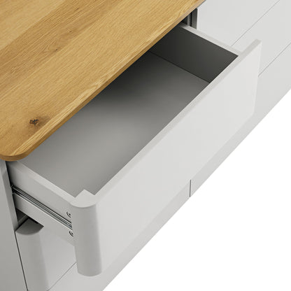 Commode Agnes à 6 tiroirs à bords incurvés, gris tourterelle avec plateau en chêne