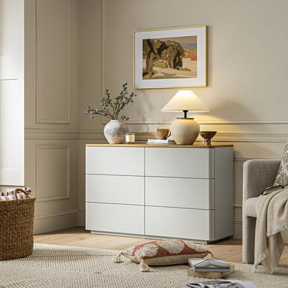 Commode Agnes à 6 tiroirs à bords incurvés, gris tourterelle avec plateau en chêne
