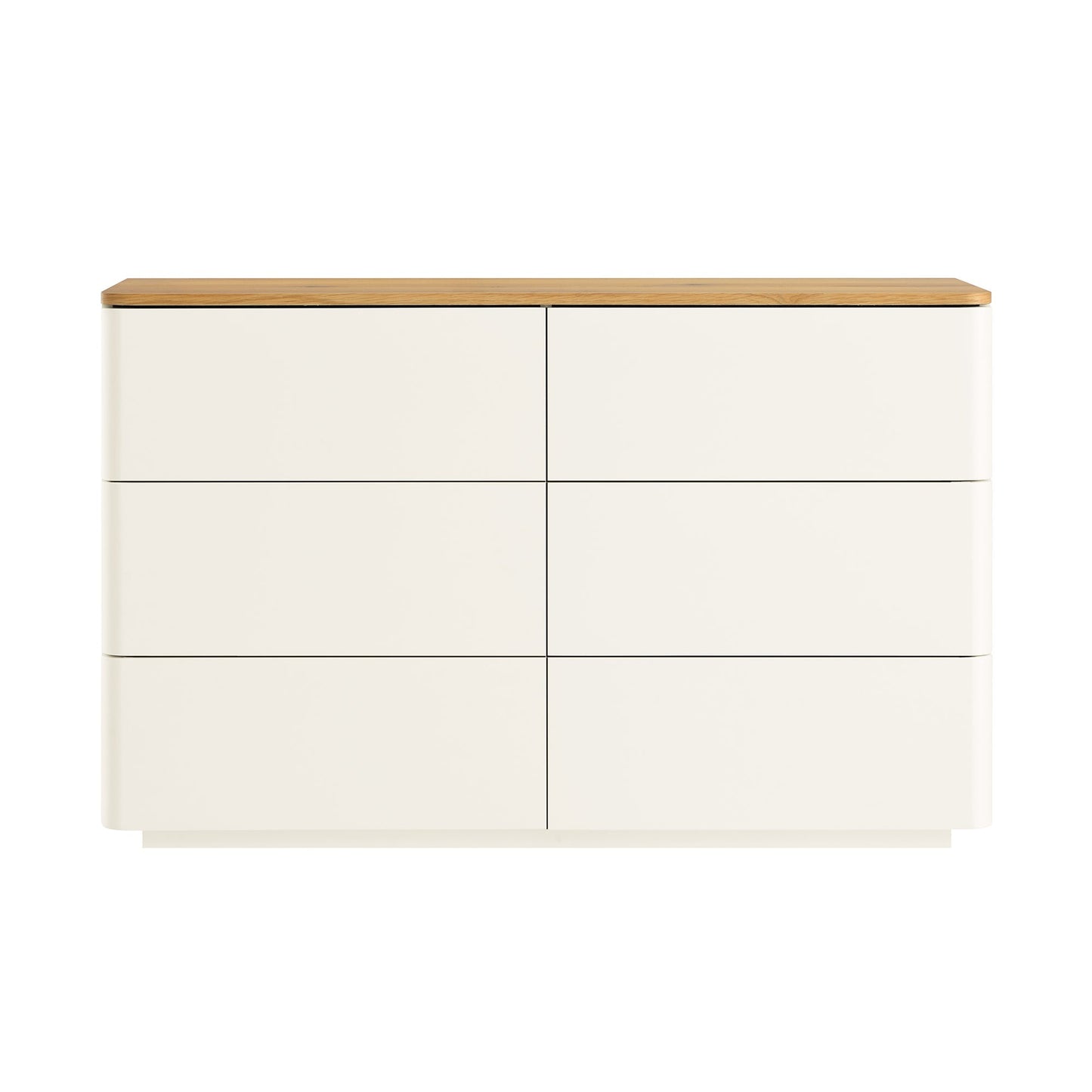 Commode Agnes à 6 tiroirs à bords incurvés, blanc cassé avec plateau en chêne