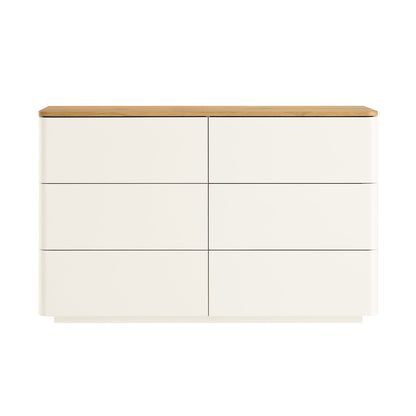 Commode Agnes à 6 tiroirs à bords incurvés, blanc cassé avec plateau en chêne