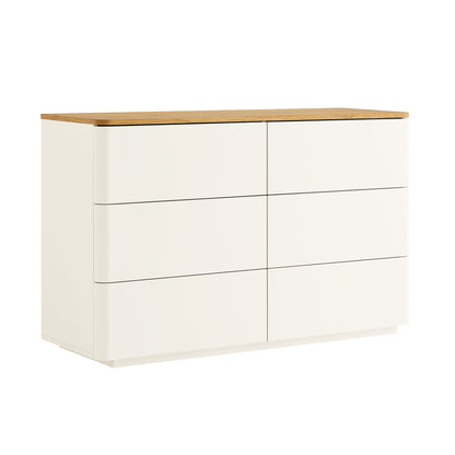 Commode Agnes à 6 tiroirs à bords incurvés, blanc cassé avec plateau en chêne
