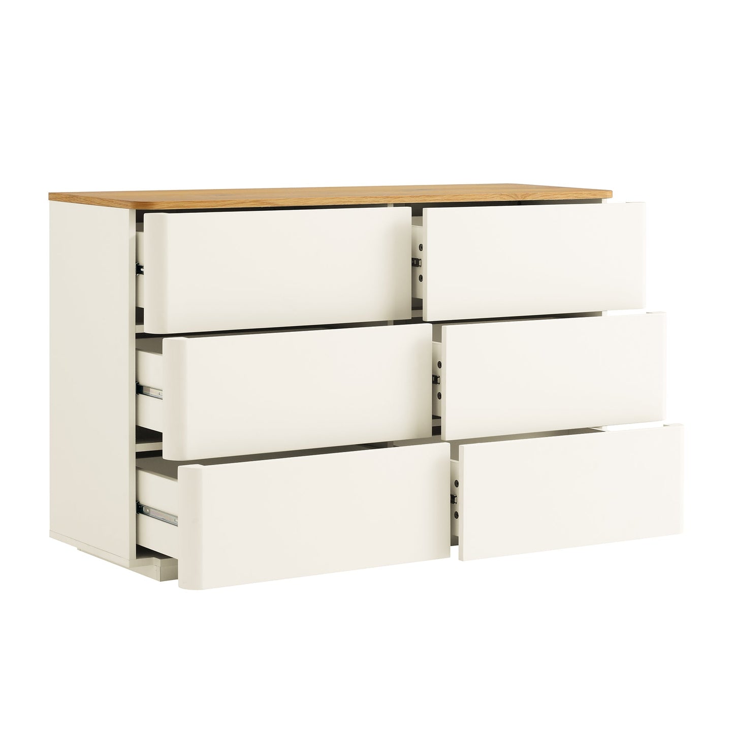 Commode Agnes à 6 tiroirs à bords incurvés, blanc cassé avec plateau en chêne