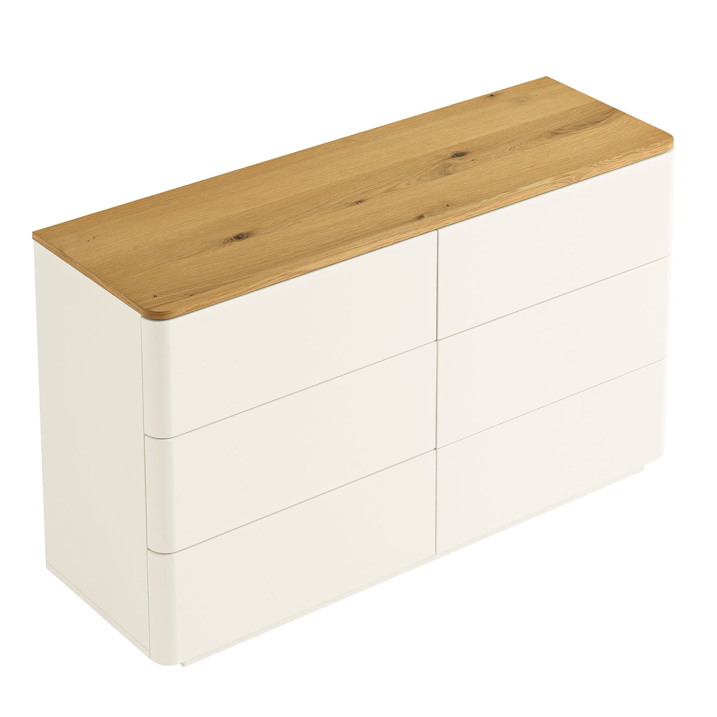 Commode Agnes à 6 tiroirs à bords incurvés, blanc cassé avec plateau en chêne