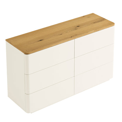 Commode Agnes à 6 tiroirs à bords incurvés, blanc cassé avec plateau en chêne