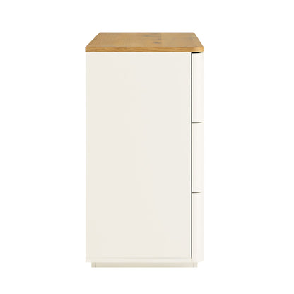 Commode Agnes à 6 tiroirs à bords incurvés, blanc cassé avec plateau en chêne