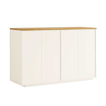 Commode Agnes à 6 tiroirs à bords incurvés, blanc cassé avec plateau en chêne