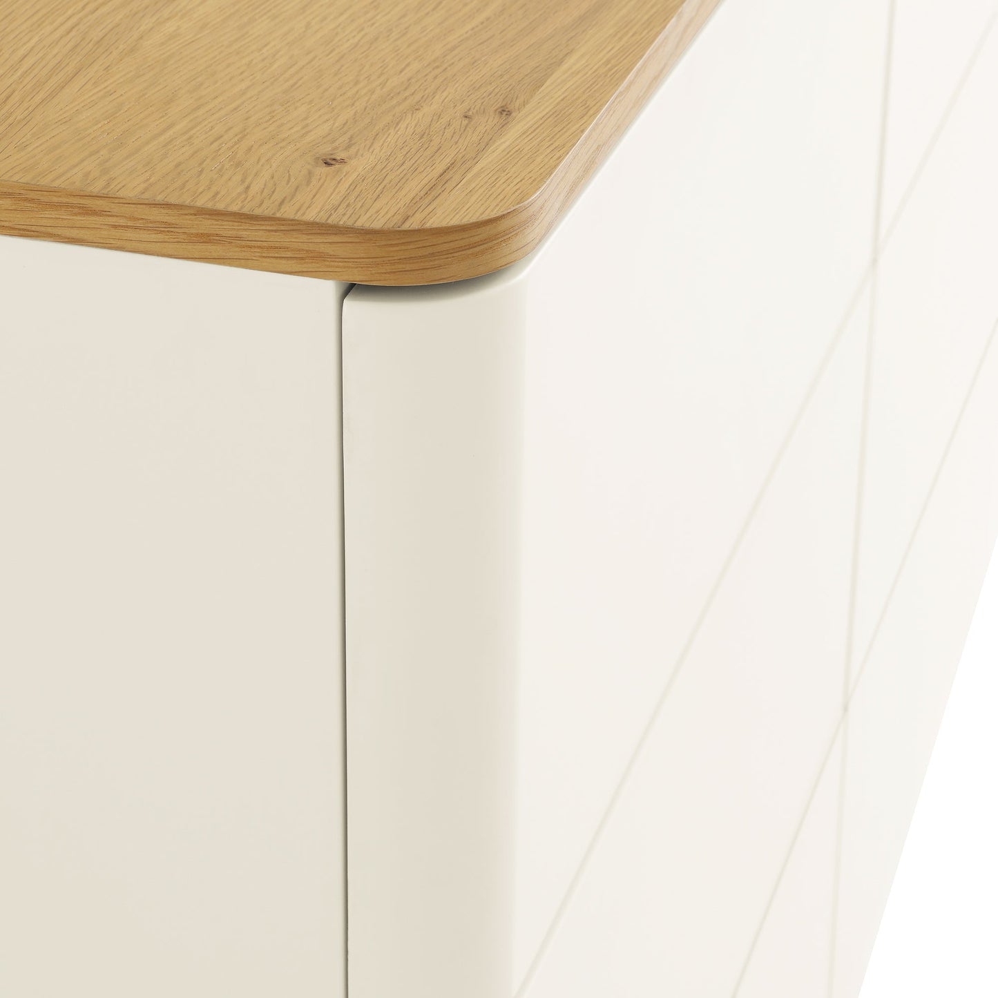Commode Agnes à 6 tiroirs à bords incurvés, blanc cassé avec plateau en chêne