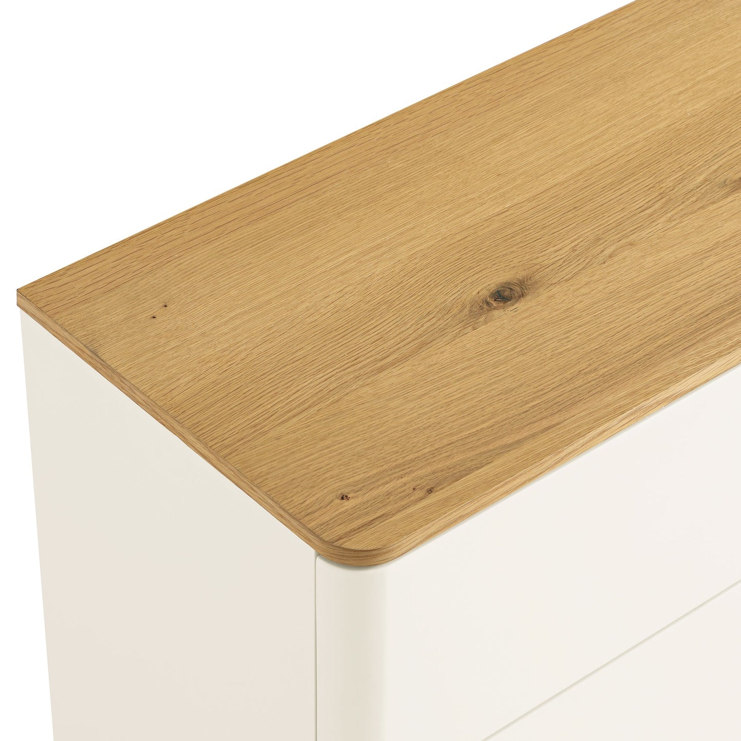 Commode Agnes à 6 tiroirs à bords incurvés, blanc cassé avec plateau en chêne