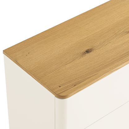 Commode Agnes à 6 tiroirs à bords incurvés, blanc cassé avec plateau en chêne