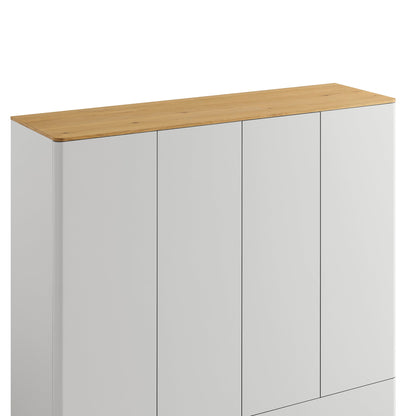 Placard 4 portes à bords incurvés Agnes, gris tourterelle avec plateau en chêne