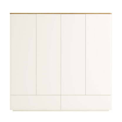 Placard 4 portes à bords incurvés Agnes, blanc cassé avec plateau en chêne