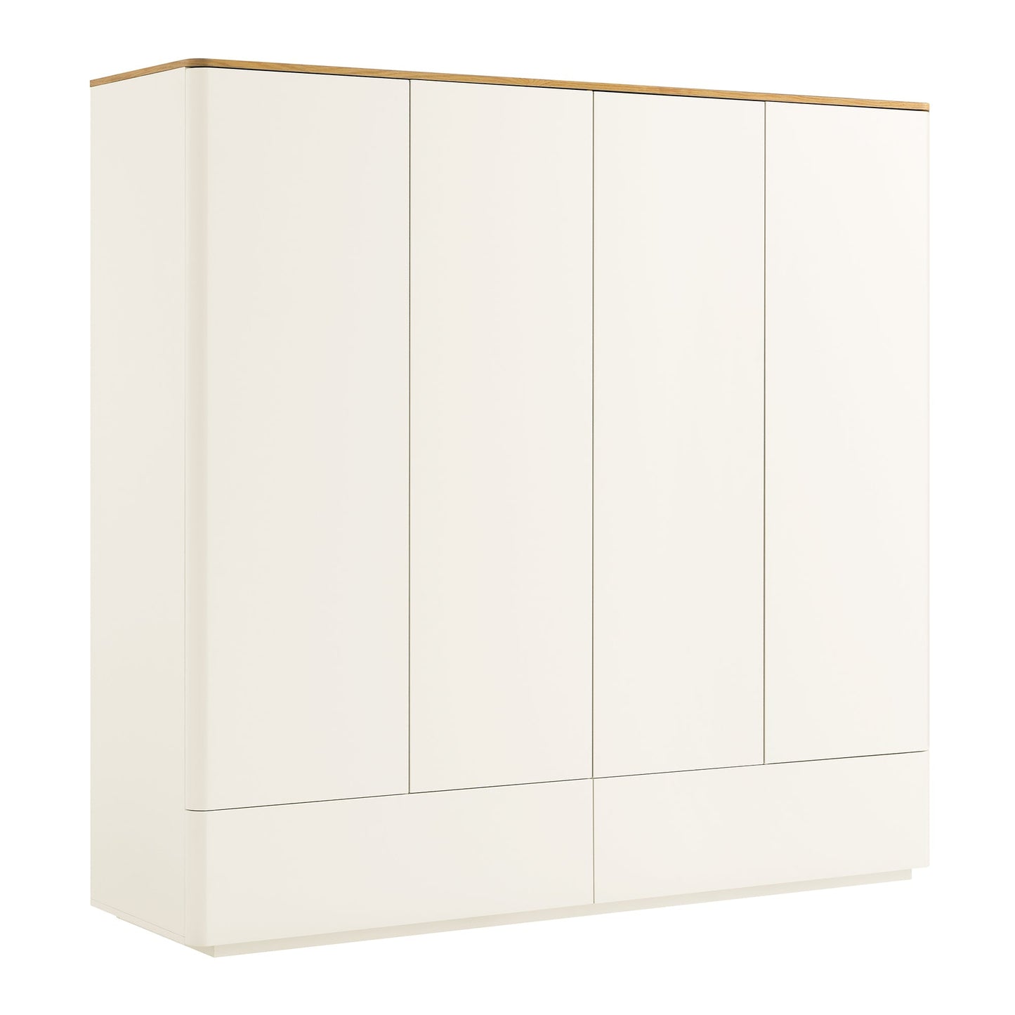 Placard 4 portes à bords incurvés Agnes, blanc cassé avec plateau en chêne