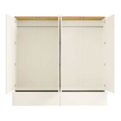 Placard 4 portes à bords incurvés Agnes, blanc cassé avec plateau en chêne