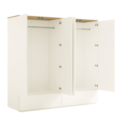 Placard 4 portes à bords incurvés Agnes, blanc cassé avec plateau en chêne