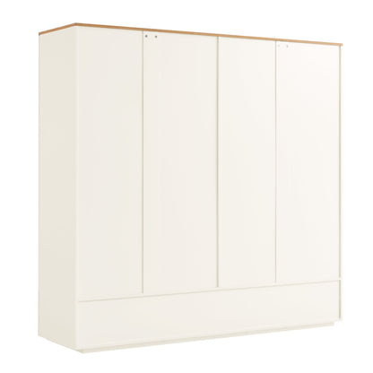 Placard 4 portes à bords incurvés Agnes, blanc cassé avec plateau en chêne