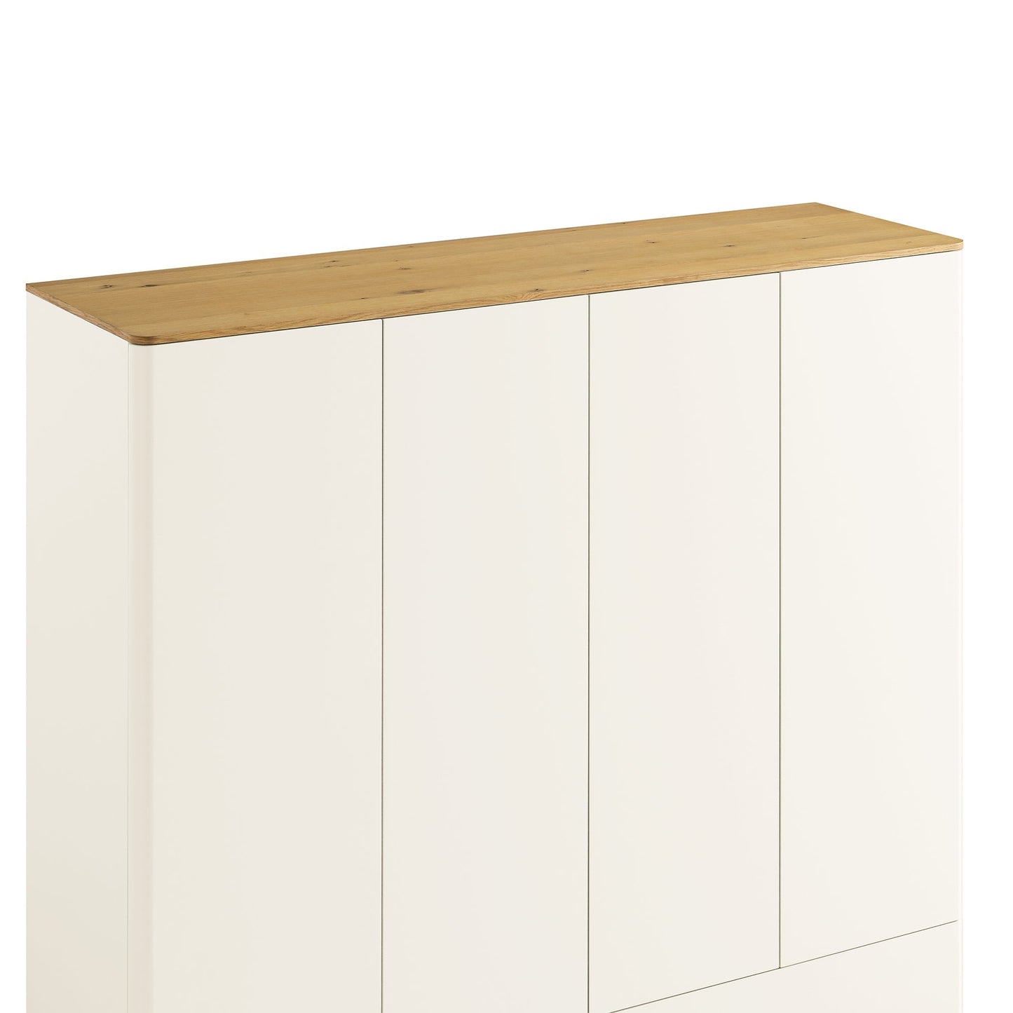 Placard 4 portes à bords incurvés Agnes, blanc cassé avec plateau en chêne