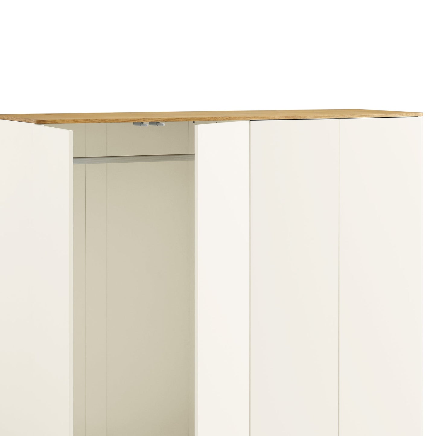Placard 4 portes à bords incurvés Agnes, blanc cassé avec plateau en chêne