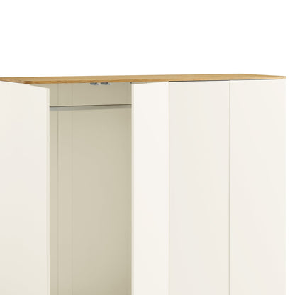 Placard 4 portes à bords incurvés Agnes, blanc cassé avec plateau en chêne