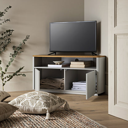 Meuble TV d'angle à bords incurvés Agnes, gris tourterelle avec plateau en chêne