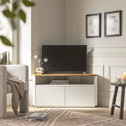 Meuble TV d'angle à bords incurvés Agnes, blanc cassé avec plateau en chêne