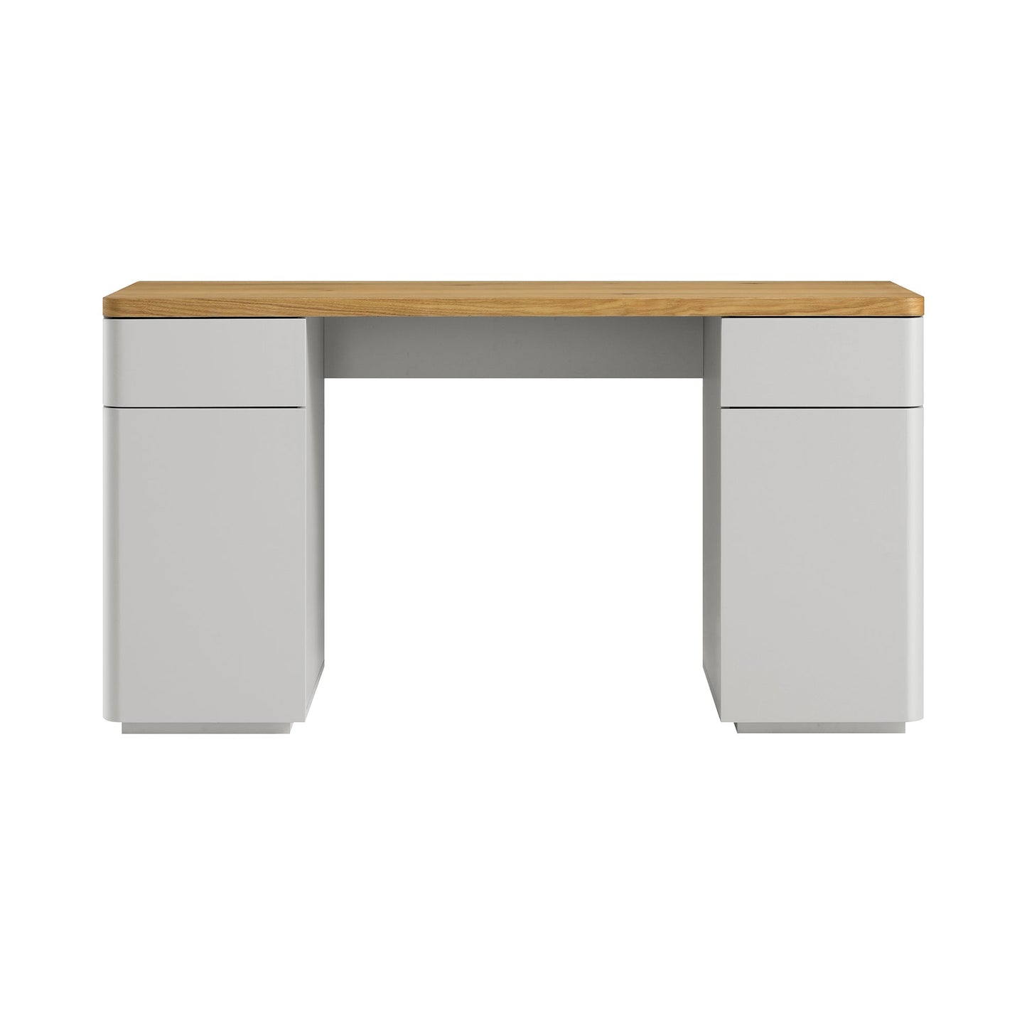 Bureau Agnes à bords incurvés avec rangement, gris tourterelle et plateau en chêne