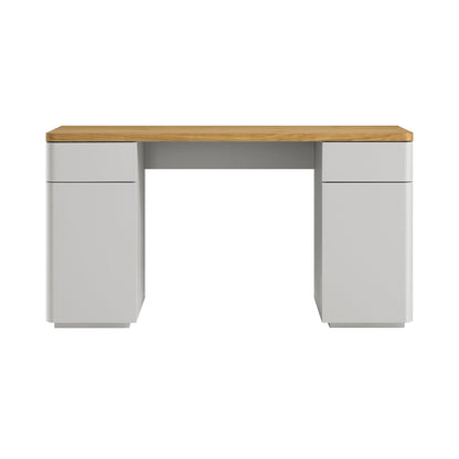 Bureau Agnes à bords incurvés avec rangement, gris tourterelle et plateau en chêne