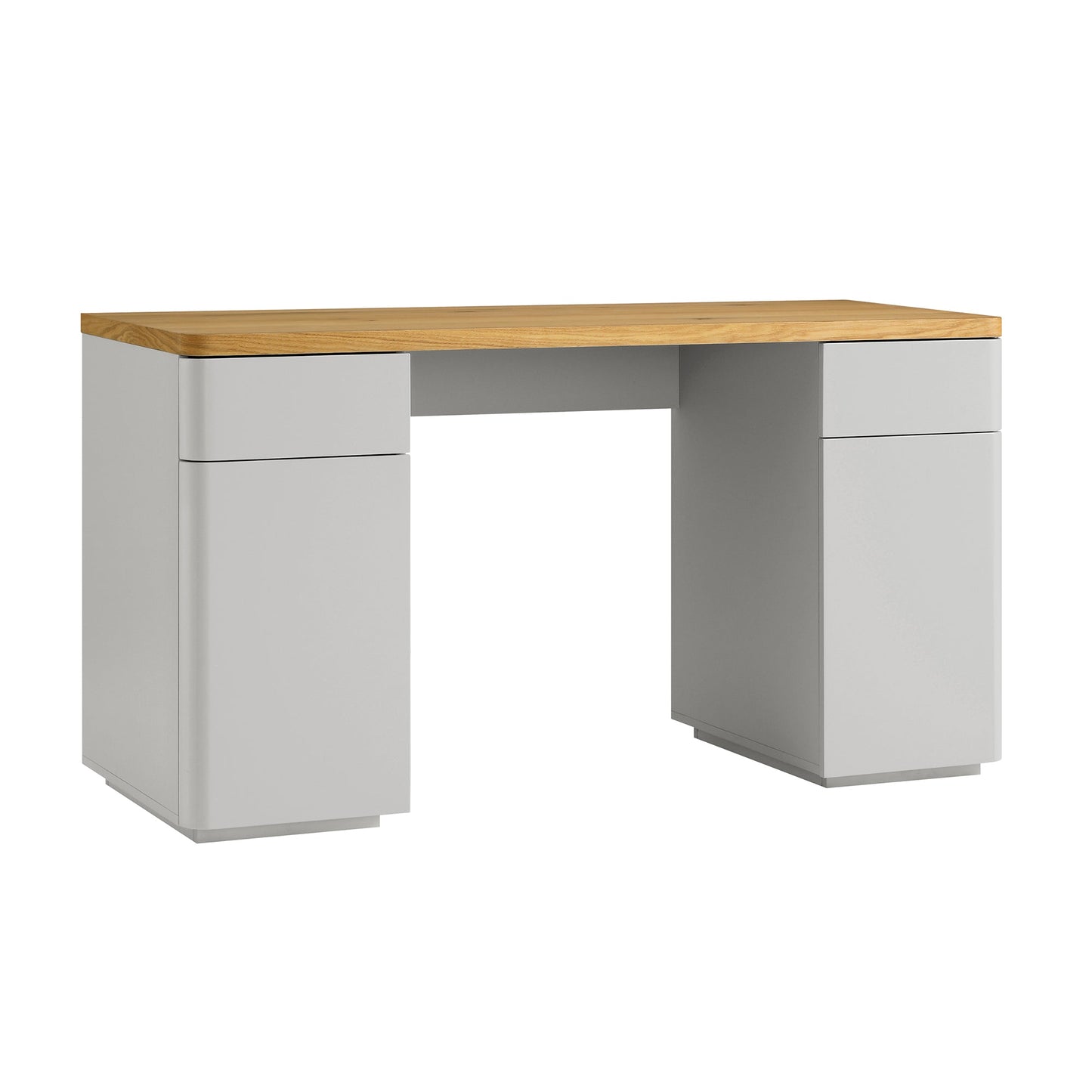 Bureau Agnes à bords incurvés avec rangement, gris tourterelle et plateau en chêne