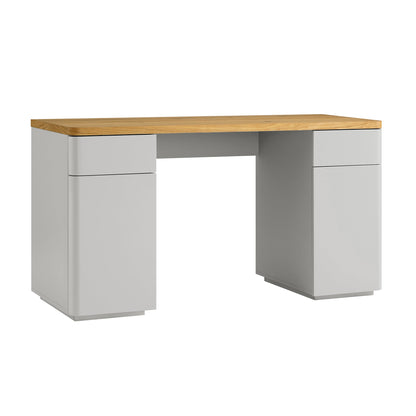 Bureau Agnes à bords incurvés avec rangement, gris tourterelle et plateau en chêne