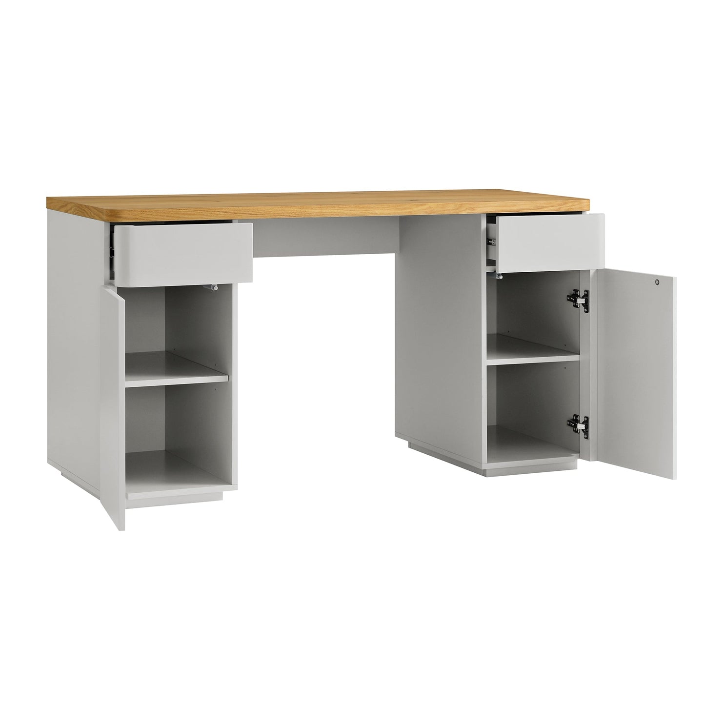 Bureau Agnes à bords incurvés avec rangement, gris tourterelle et plateau en chêne