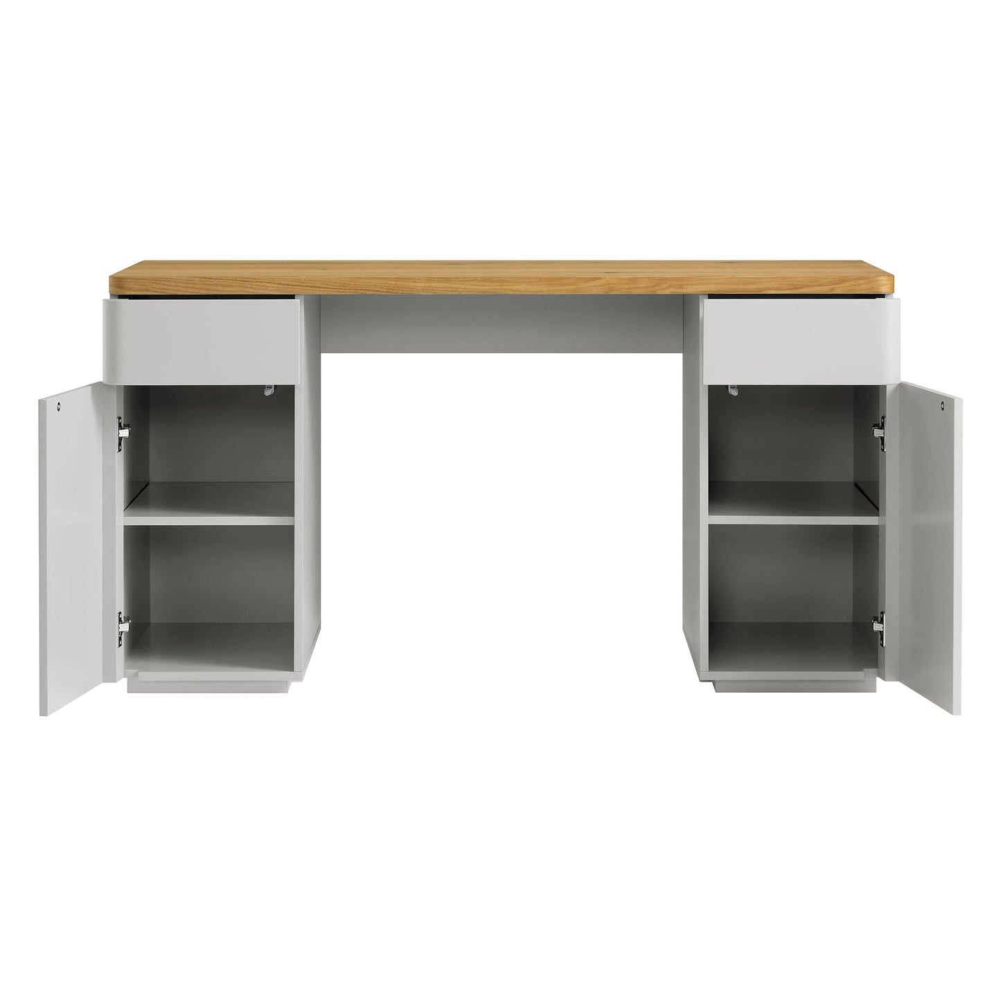 Bureau Agnes à bords incurvés avec rangement, gris tourterelle et plateau en chêne