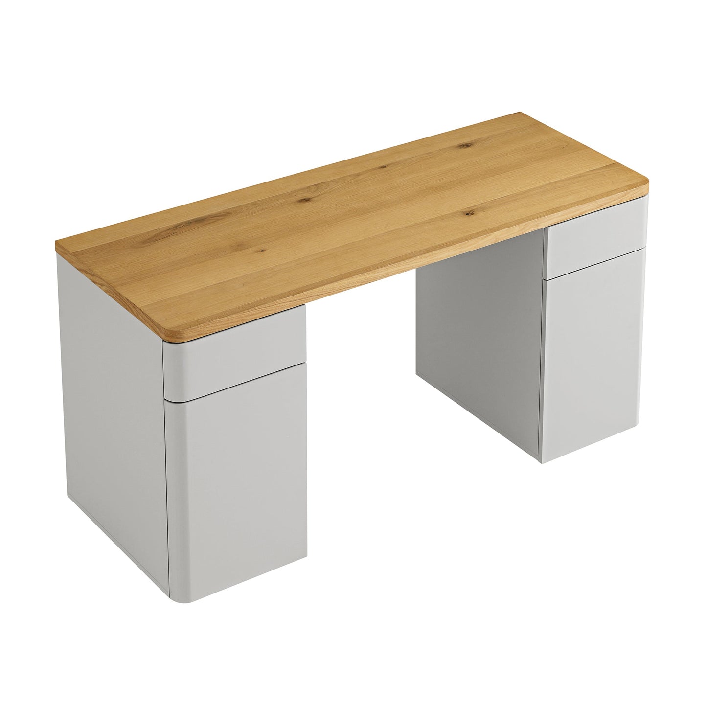 Bureau Agnes à bords incurvés avec rangement, gris tourterelle et plateau en chêne