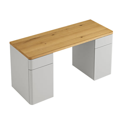 Bureau Agnes à bords incurvés avec rangement, gris tourterelle et plateau en chêne