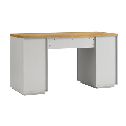Bureau Agnes à bords incurvés avec rangement, gris tourterelle et plateau en chêne