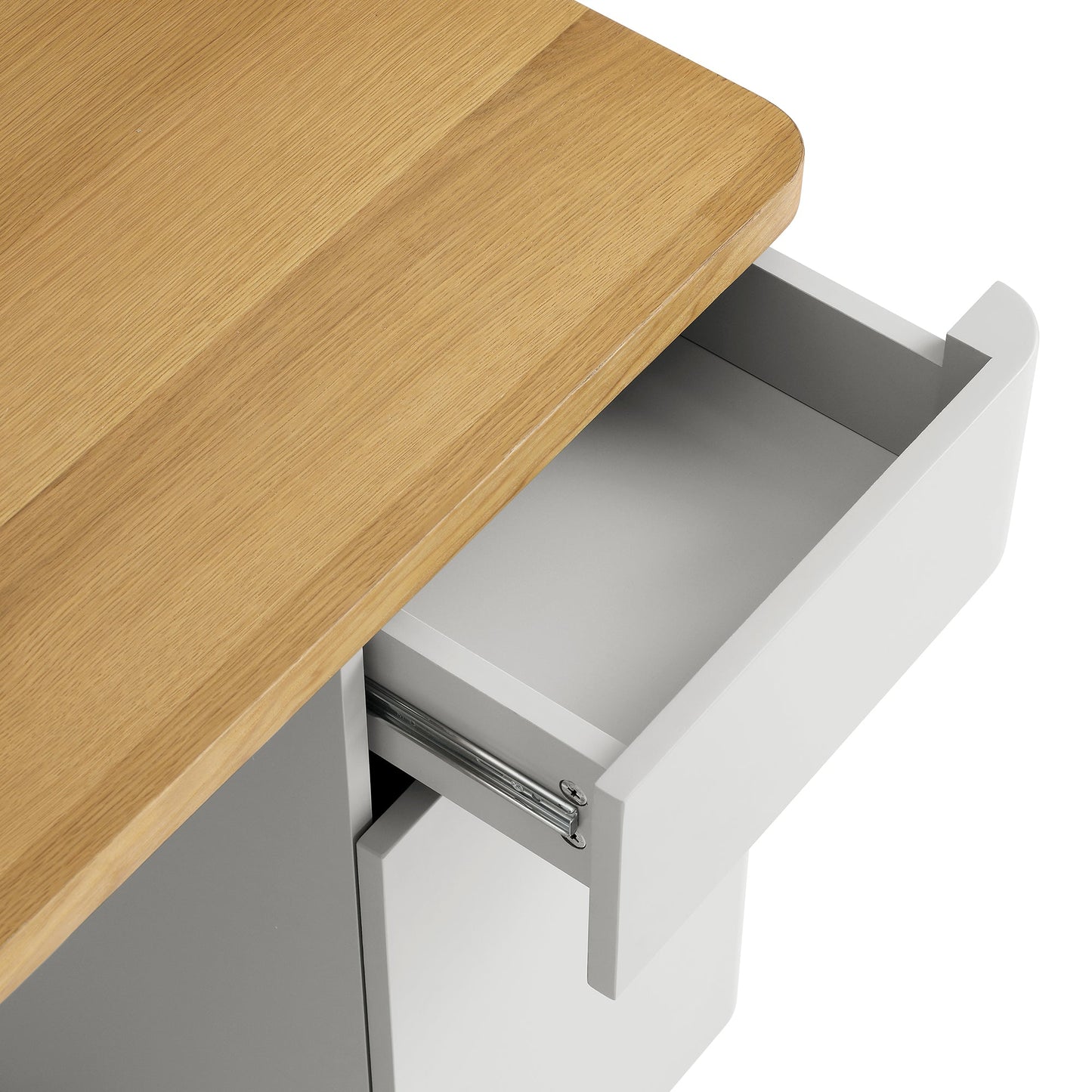 Bureau Agnes à bords incurvés avec rangement, gris tourterelle et plateau en chêne