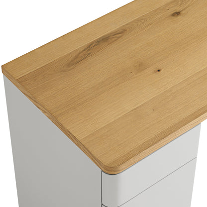 Bureau Agnes à bords incurvés avec rangement, gris tourterelle et plateau en chêne