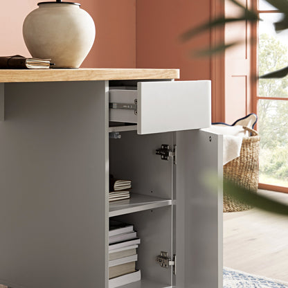 Bureau Agnes à bords incurvés avec rangement, gris tourterelle et plateau en chêne