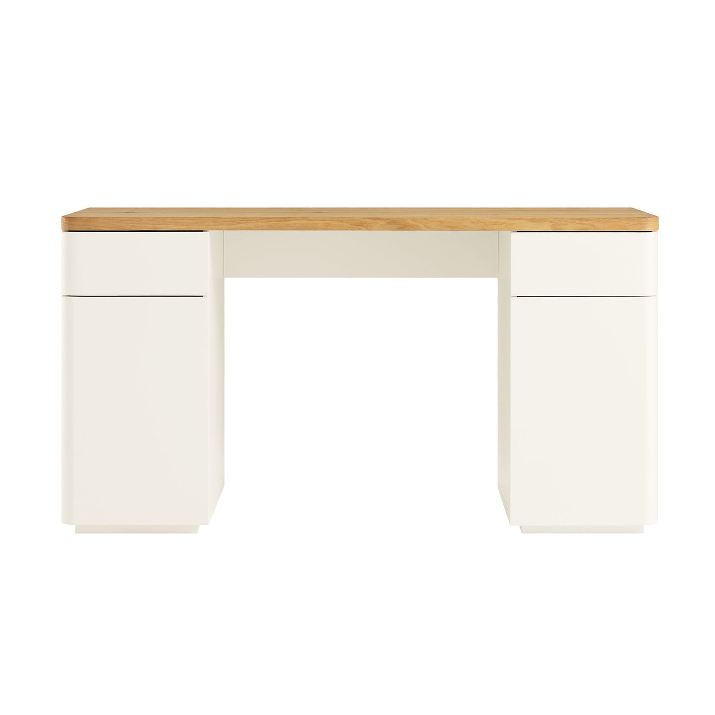 Bureau Agnes à bords incurvés avec rangement, blanc cassé avec plateau en chêne