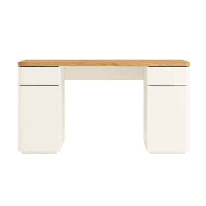 Bureau Agnes à bords incurvés avec rangement, blanc cassé avec plateau en chêne