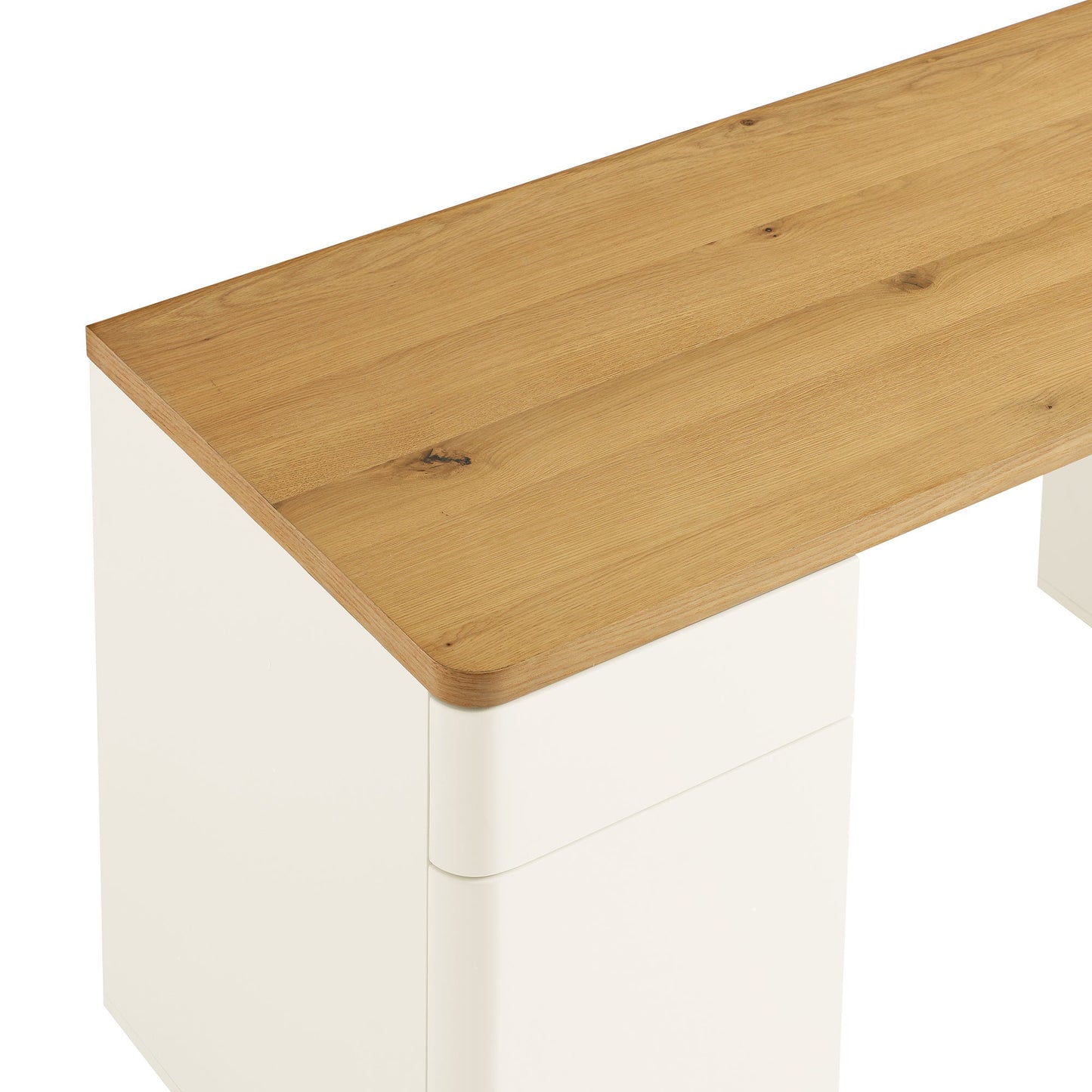 Bureau Agnes à bords incurvés avec rangement, blanc cassé avec plateau en chêne