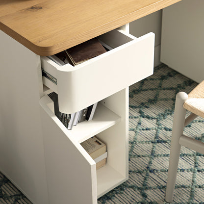 Bureau Agnes à bords incurvés avec rangement, blanc cassé avec plateau en chêne