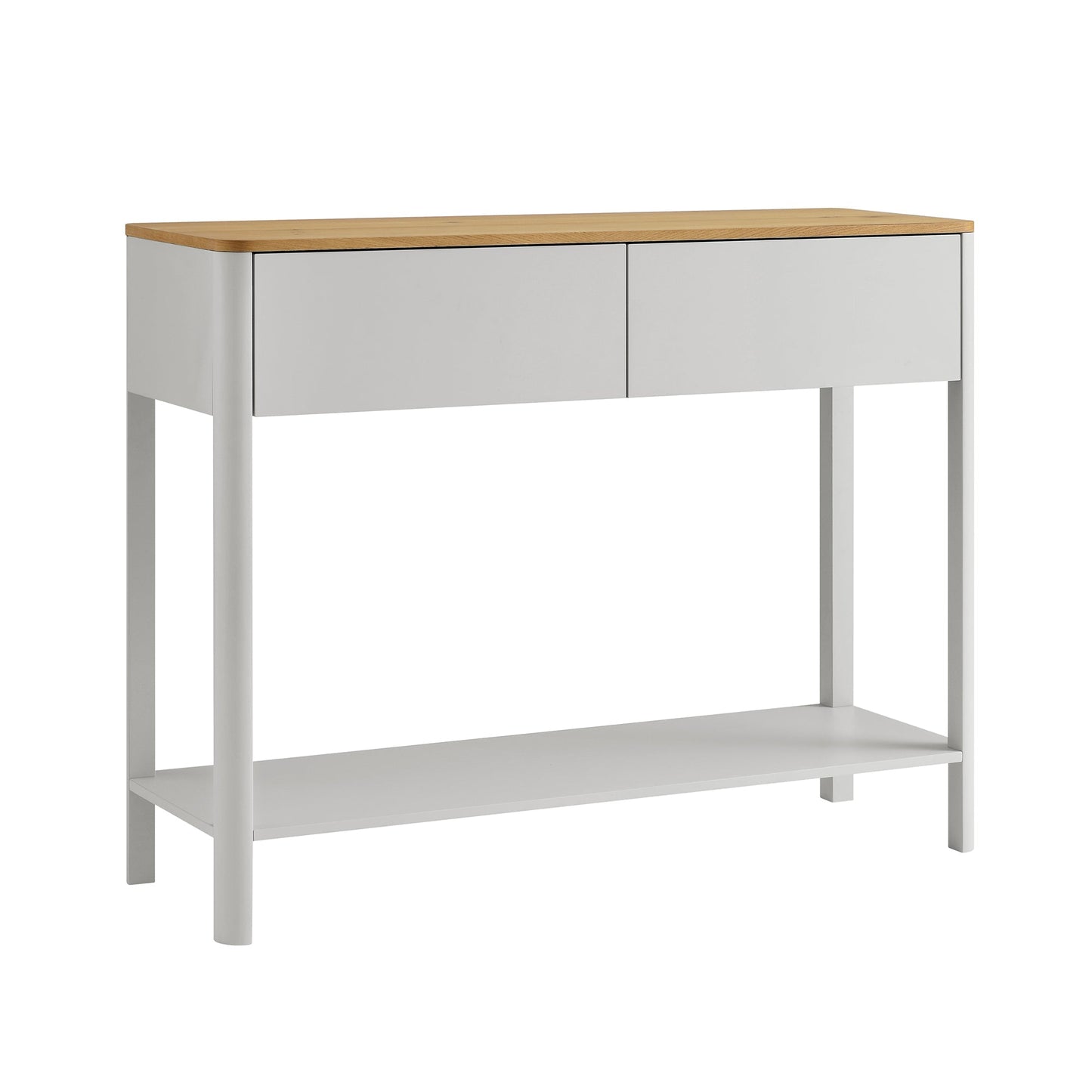 Console Agnes à 2 tiroirs et bords incurvés, gris tourterelle avec plateau en chêne