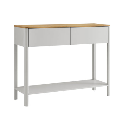 Console Agnes à 2 tiroirs et bords incurvés, gris tourterelle avec plateau en chêne