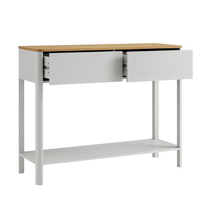 Console Agnes à 2 tiroirs et bords incurvés, gris tourterelle avec plateau en chêne