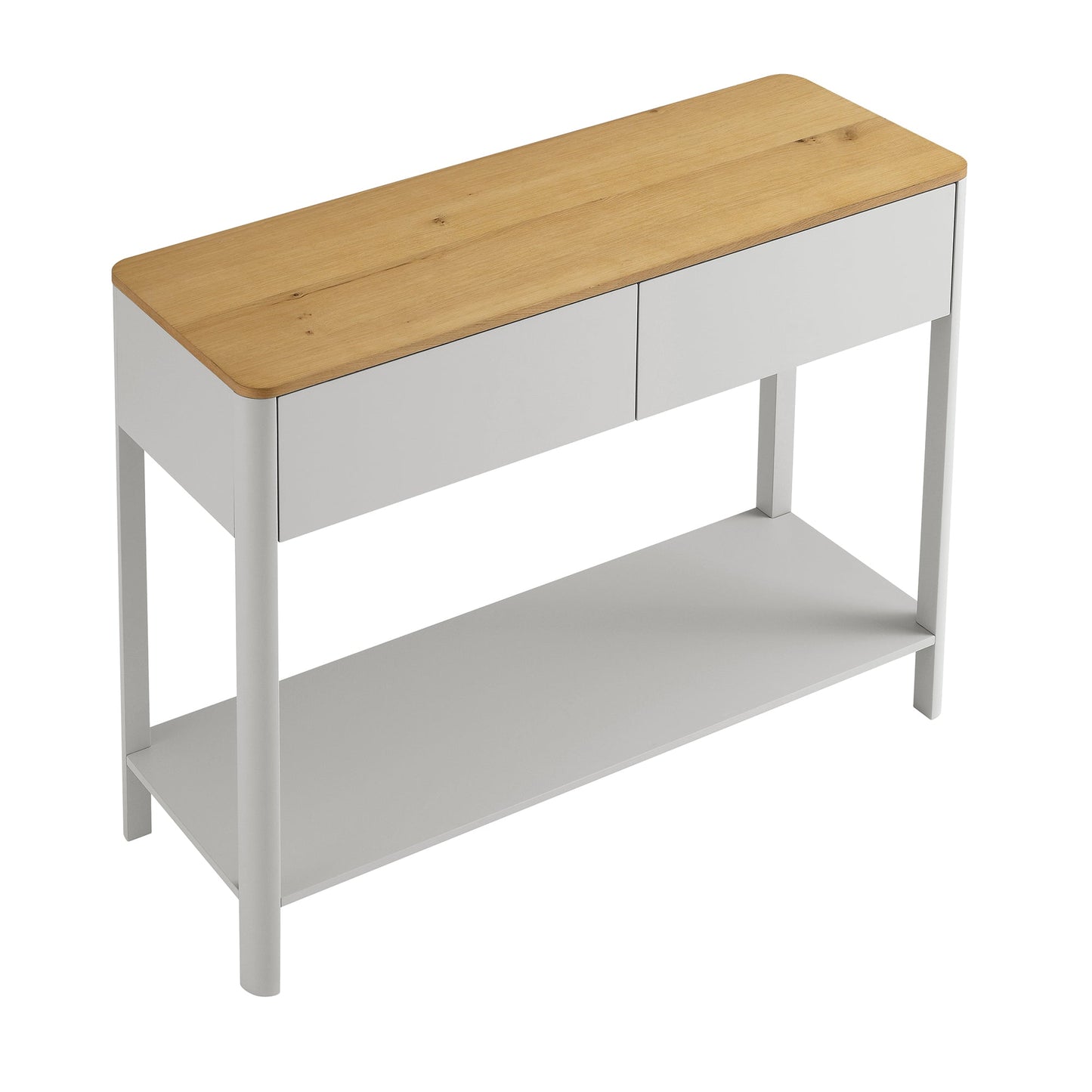 Console Agnes à 2 tiroirs et bords incurvés, gris tourterelle avec plateau en chêne