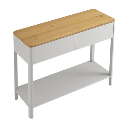 Console Agnes à 2 tiroirs et bords incurvés, gris tourterelle avec plateau en chêne