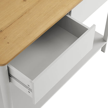 Console Agnes à 2 tiroirs et bords incurvés, gris tourterelle avec plateau en chêne