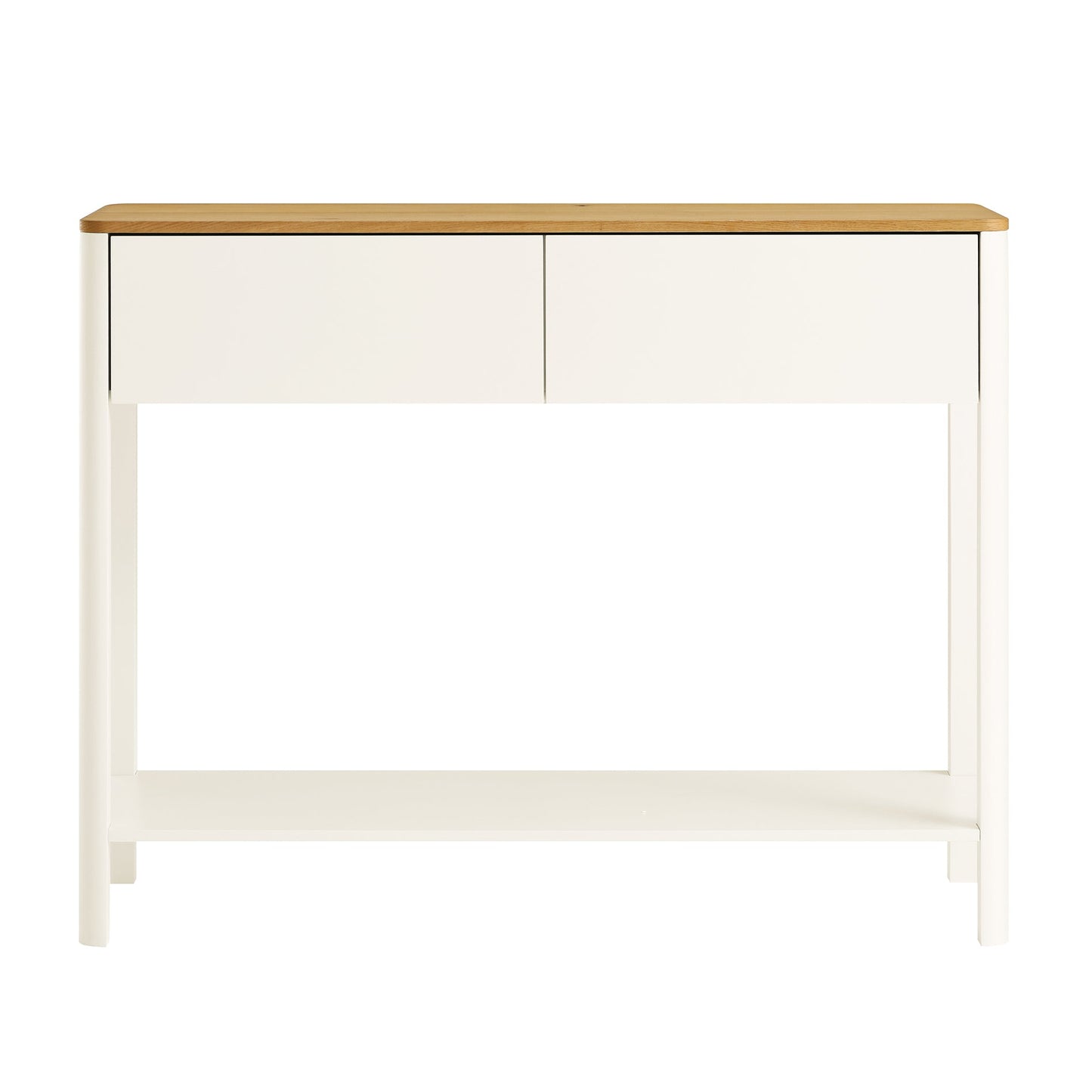Console Agnes à 2 tiroirs et bords incurvés, blanc cassé avec plateau en chêne
