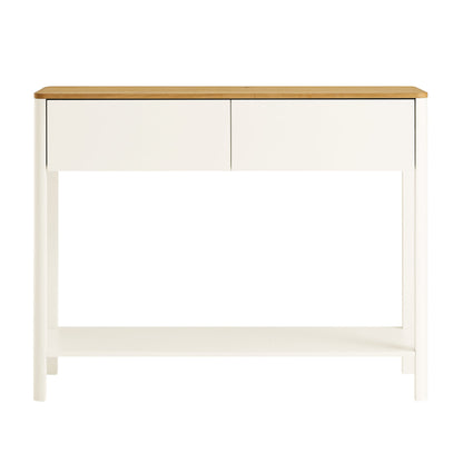 Console Agnes à 2 tiroirs et bords incurvés, blanc cassé avec plateau en chêne